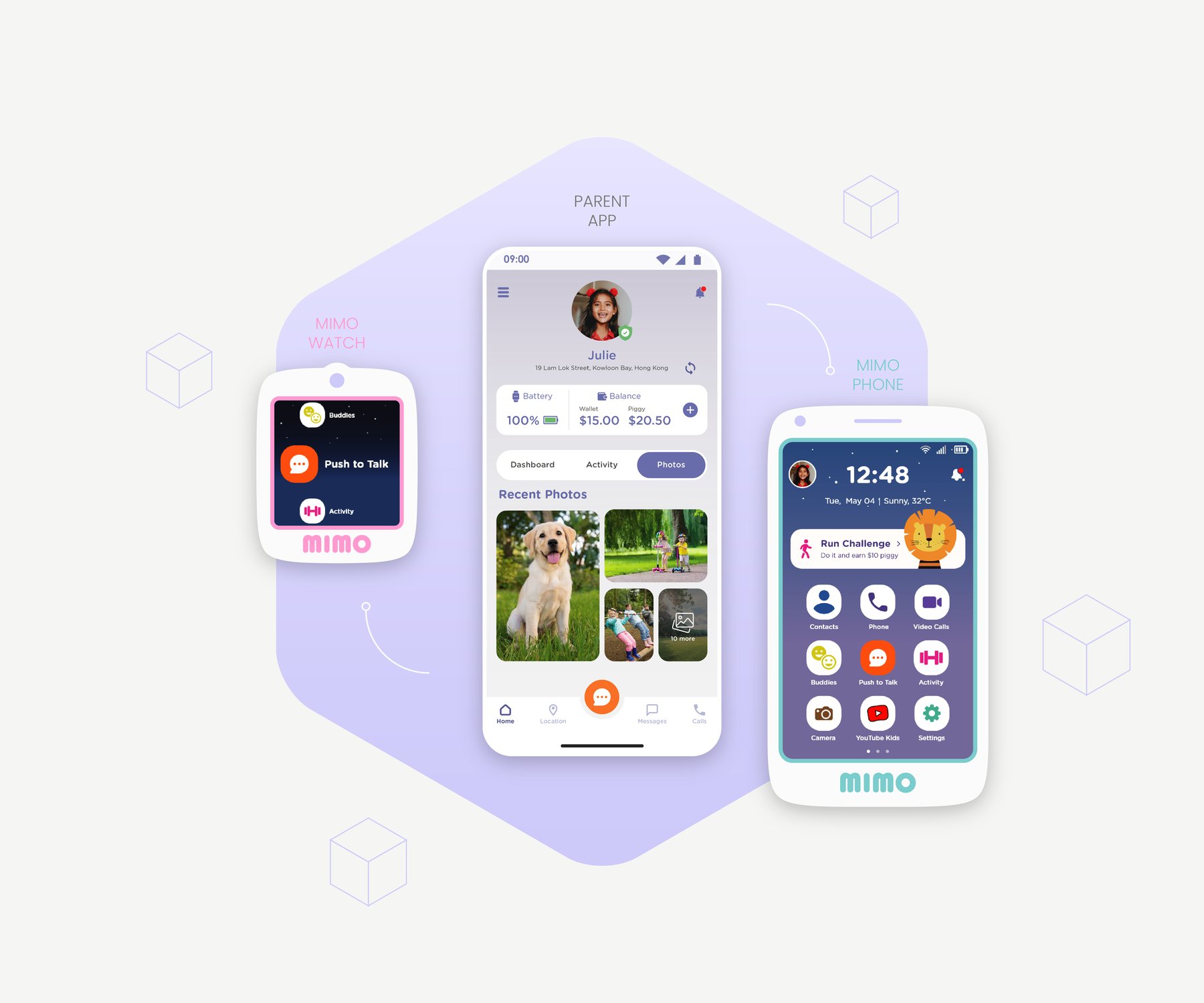 Mimo watch, parent app, and children’s phone
